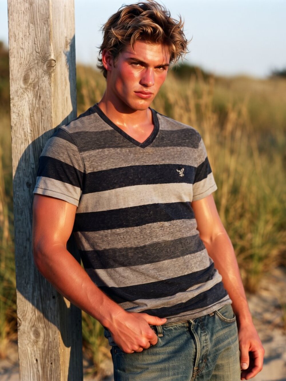 American Eagle Men L T-Shirt Gray Blue Striped Cotton Blend V-Neck Mallcore Y2K